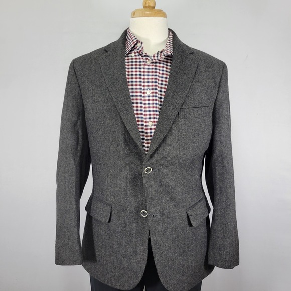 Tasso Elba Men's Tweed Sport Coat Blazer Herringbone Dark Brown Poly Wool Medium
